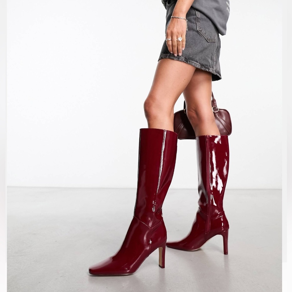 NWT- RED PATENT LEATHER KNEE-HIGH HEELED BOOT w ZIP US SZ 10-10.5 - Picture 3 of 5